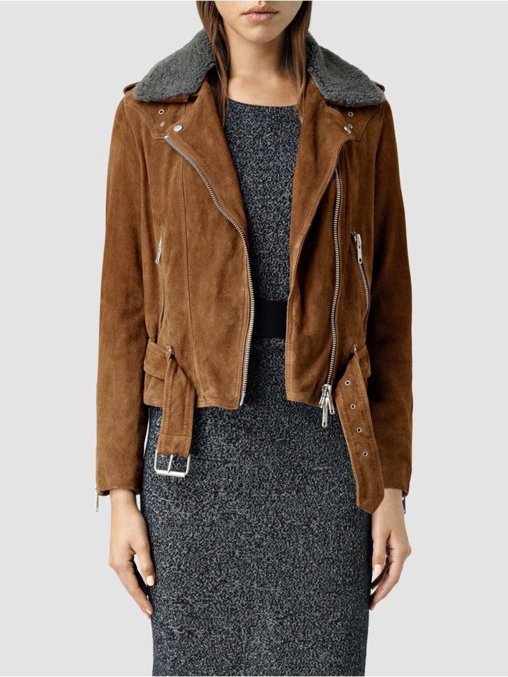 AllSaints Suede Moto Jacket Removable Shearling Collar Mango Zara